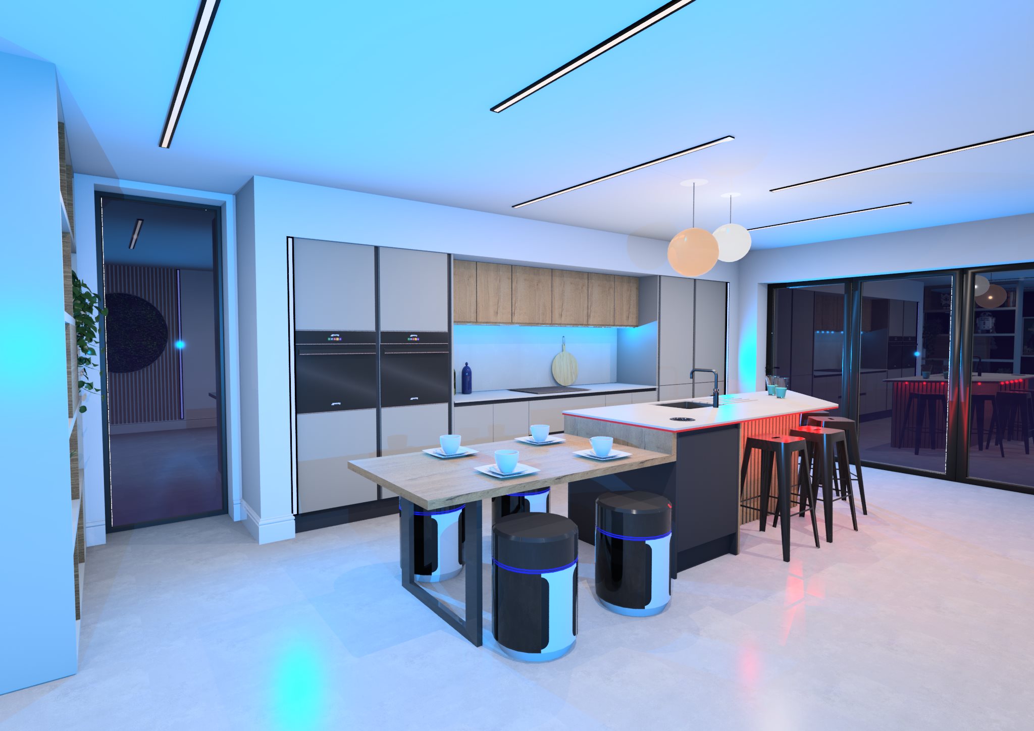 kitchen with kitchen island that is star wars themed with blue LED lighting
