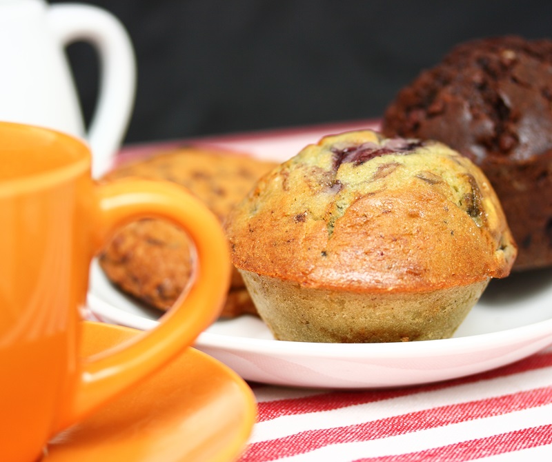 Chocolate And Blueberry Muffins Cookies And Coffee For A Snack