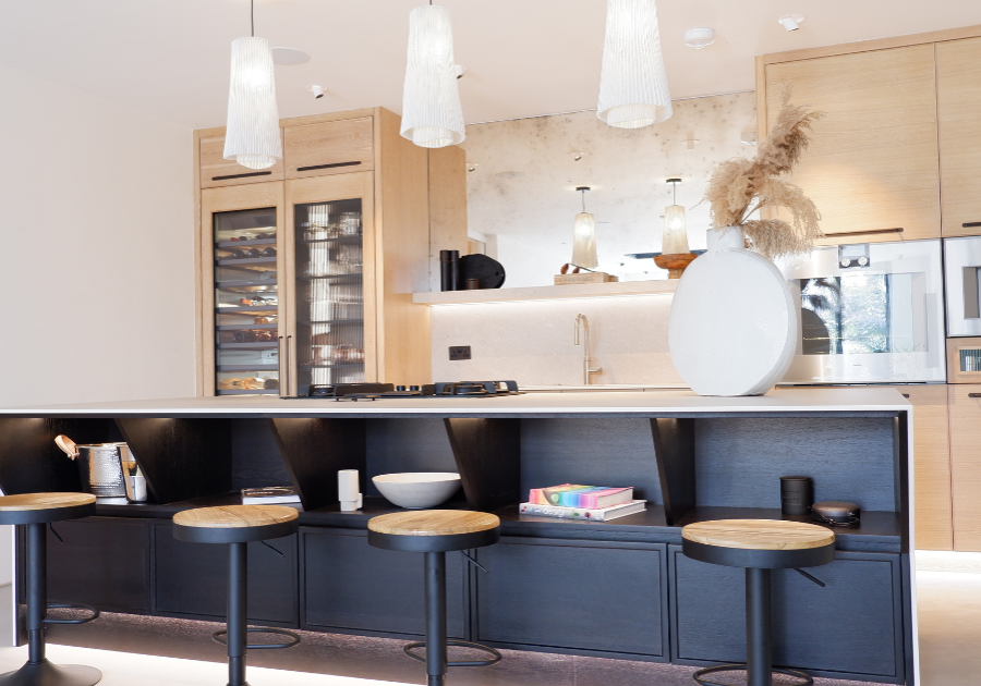 Wooden kitchen with stools and open storage